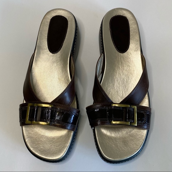 Rockport Sandals Leather Slip Ons Brown and Metallic Gold made in Brazil 8.5 - Picture 1 of 9
